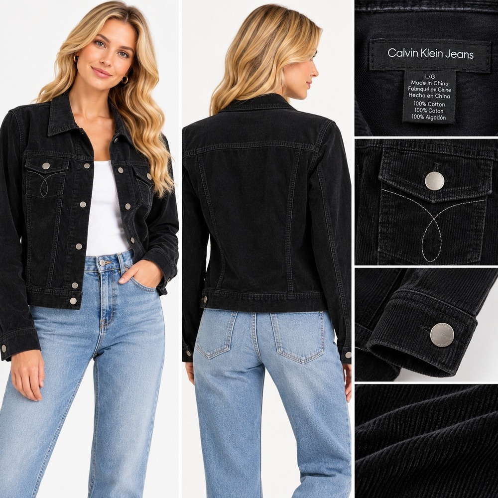 Calvin Klein Jeans L Jacket Black Corduroy Trucker Western Y2K Classic 90s